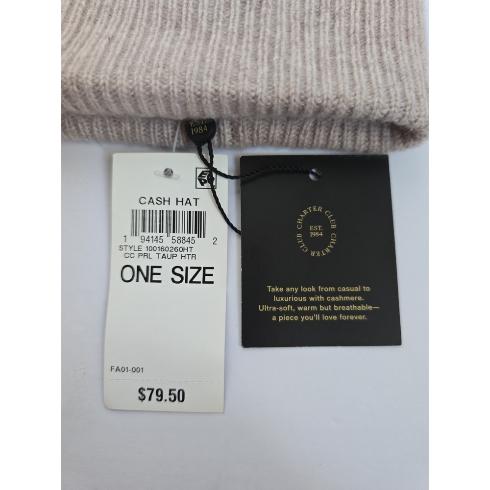 Charter Club Luxury 100% Cashmere Cuffed Beanie CC Pearl Taupe Heather Hat NWT - Picture 3 of 7